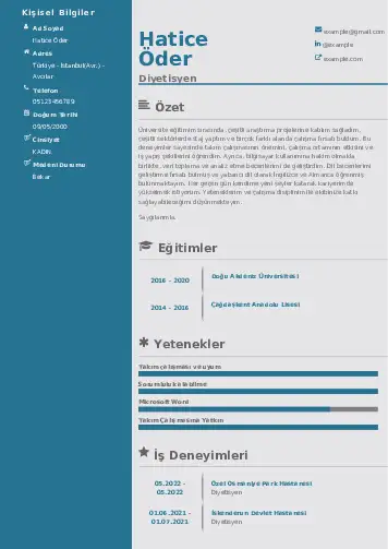 Beslenme Uzmanı Diyetisyen CV Örnekleri cv indir